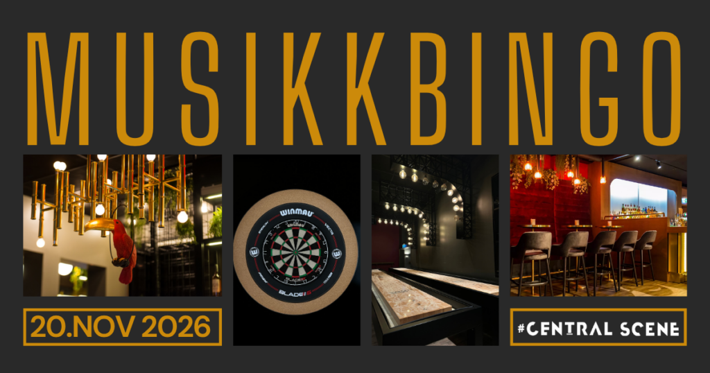 Plakat for Musikkbingo-arrangementet med datoen 20. nov. 2026, bilder av lysekrone, darttavle, spill, bar og hashtaggen Central Scene.