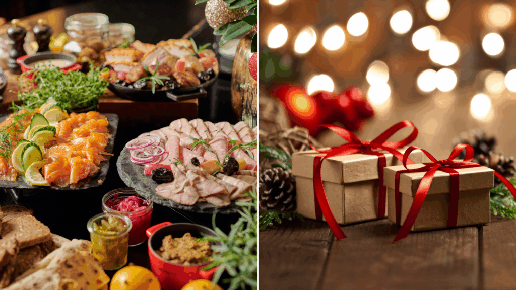 Et bord dekket med diverse høytidsmat skaper en ringes ronny midtscene, med innpakkede gaveesker og røde bånd på en treflate pyntet med festlige dekorasjoner.