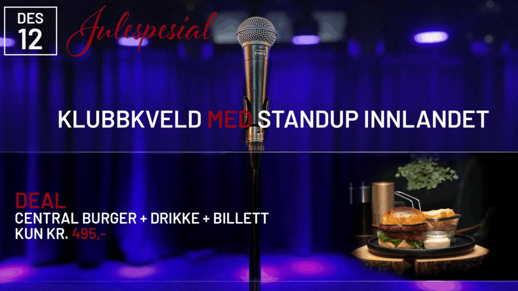 En mikrofon på scenen med detaljer om arrangementet: Rosie på Central Scene presenterer Standup Innlandet klubbkveld, 12. desember. Nyt en burger, drikke og billett for 495 kr. Blått og lilla scenelys i bakgrunnen.
