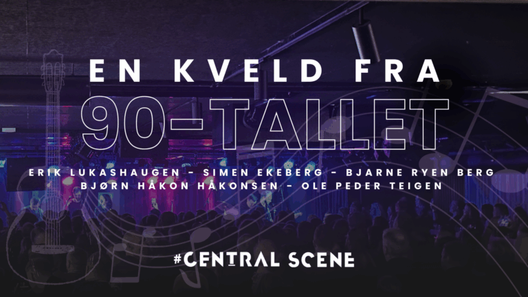 Arrangementsplakat med teksten "EN KVELD FRA 90-TALLET", navn på utøvere og en scene opplyst i lilla og blått. Har hashtag "#CENTRAL SCENE" og fremhever Den Store Jentedagen! #nffindrejenter for en episk kveld.