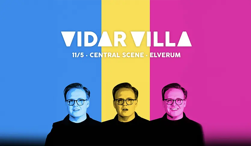 Reklameplakat med tre positurer av samme person med fargerik bakgrunn for Vidar Villas «Noen Tær i Jazzen»-forestilling 11. mai på Central Scene, Elver