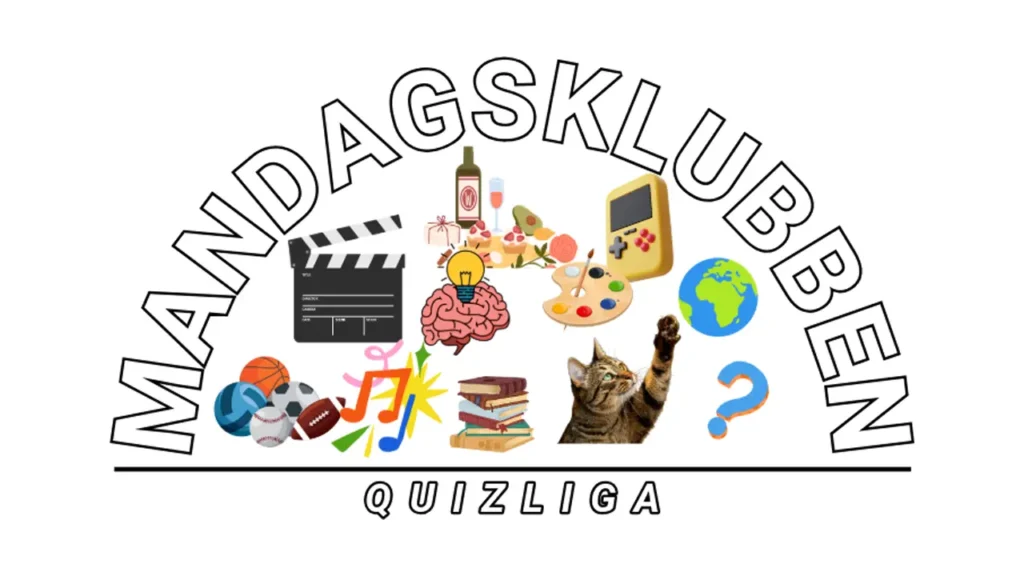 En livlig collage viser ikoner som en klappbrett, vin, hjerne, spillkonsoll, sportsutstyr, noter, bøker, en katt og et spørsmålstegn. Den fete teksten kunngjør stolt "Mandagsklubben Quizliga.