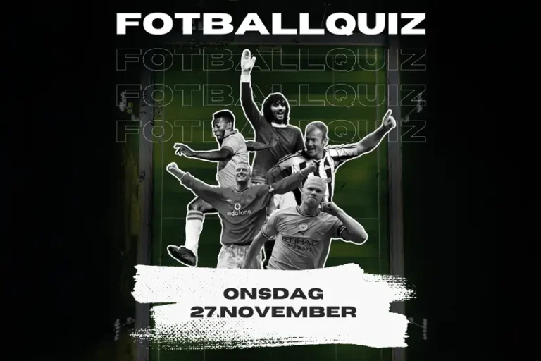 En livlig Fotballquiz-plakat viser fem spillere i dynamiske actionstillinger, og fanger den spennende ånden i spillet. Datoen "onsdag 27. november" vises fremtredende, og inviterer fans til å teste kunnskapen sin og feire lidenskapen for fotball.