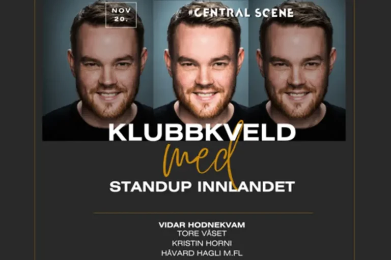 Eventplakat som viser tre identiske bilder av en mann med teksten "Klubbkveld med Standup Innlandet," med Vidar Hodnekvam, Tore Vaset, Kristin Honri og Håvard Hagli. Bli med på arrangementsdatoen på Central Scene under Grundsetmart`n.