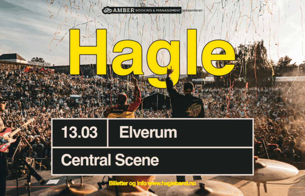 To musikere står på scenen foran et stort publikum utendørs, med konfetti i luften. Teksten beskriver en Hagle-konsert med Afternoon Tea & Påskehygge-vibes 13. mars i Elverum på Central Scene.