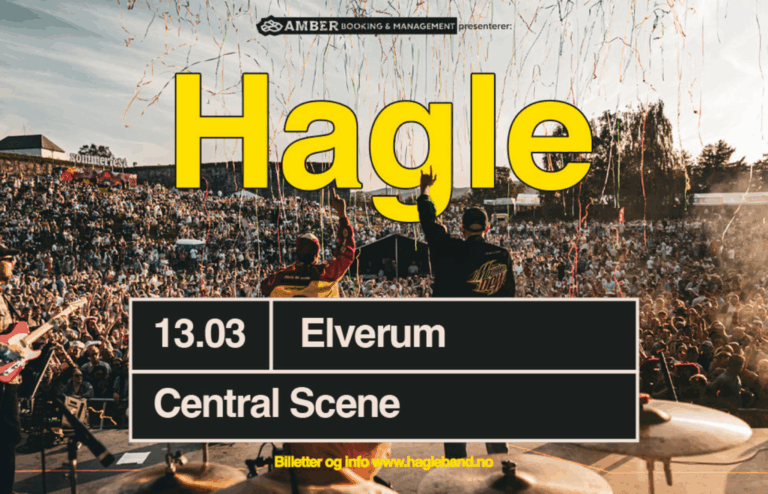 To musikere står på scenen foran et stort publikum utendørs, med konfetti i luften. Teksten beskriver en Hagle-konsert med Afternoon Tea & Påskehygge-vibes 13. mars i Elverum på Central Scene.