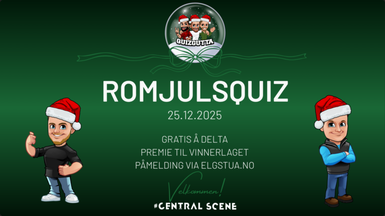 Grønn plakat for Romjulsquiz 25.12.2025, med to tegneseriefigurer i nisseluer, arrangementsdetaljer på norsk og Mandagsklubbens Quizliga-logo øverst.